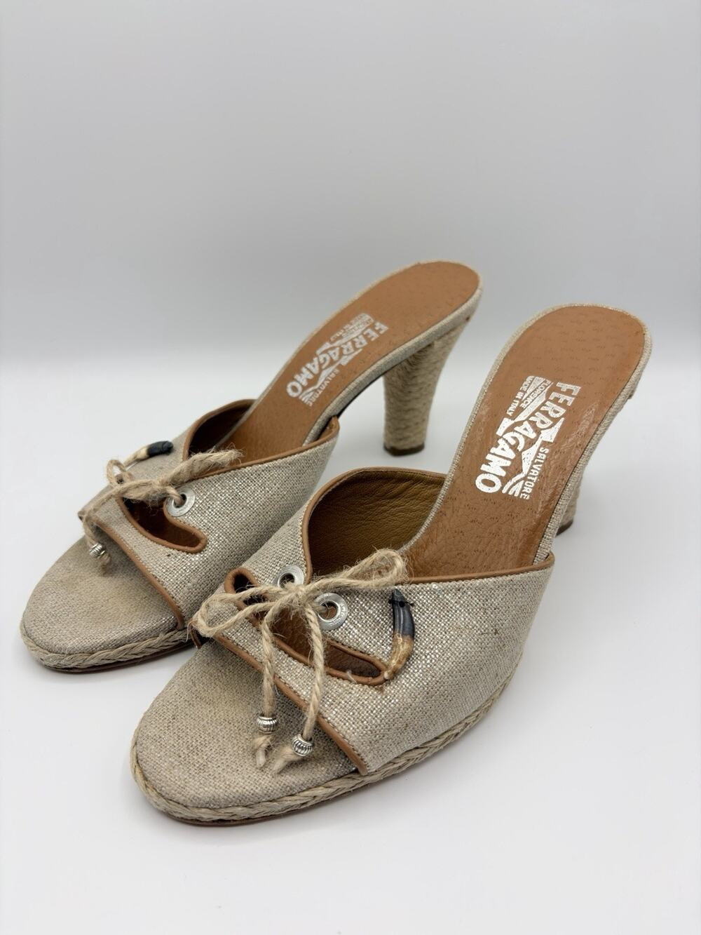 Salvatore Ferragamo Bow Heeled Mule Espadrille Tan Women’s Size 8.5 Custom